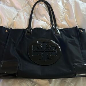 Tory Burch Black Nylon Tote with Patent Trim and Logo Medallion
